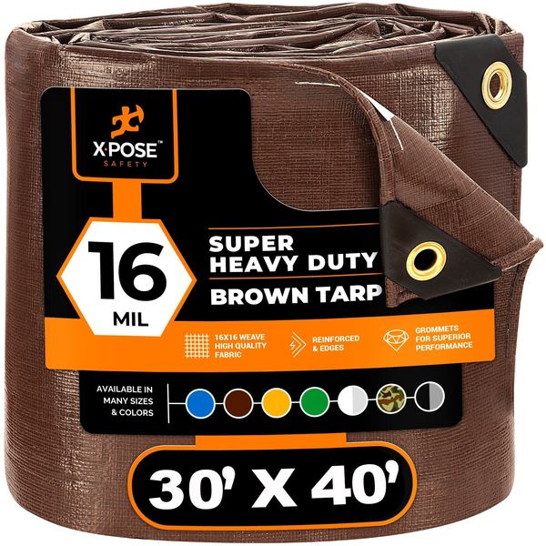 Xpose Safety 30 ft x 40 ft Heavy Duty 16 Mil Tarp, Brown, Polyethylene BHD-3040-A